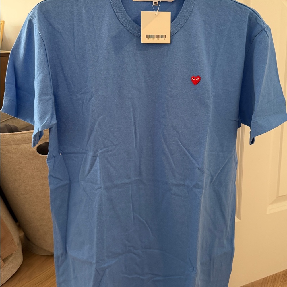 Comme des Garcons Blue Short-Sleeve Crew T-Shirt with Red Heart Patch